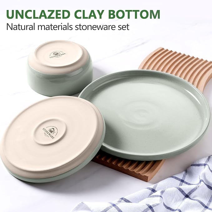 LIANYU Plates and Bowls Sets for 8, 24 Piece China Dinnerware Stoneware Set, Porcelain Dishware for Microwave, Dishwasher, Oven, High temperature Resistant, Fog Green