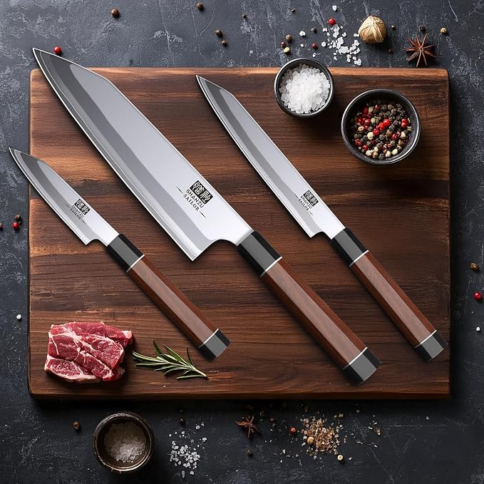 SHAN ZU 3PCS Japanese Knife Set, 9 Layers 10Cr15MoV High Carbon Steel | Professional Kitchen Knives, Sharp Chef Knife Set with Ergonomic Red Sandalwood Handle, Sashimi Cooking & Cutting Knives Set