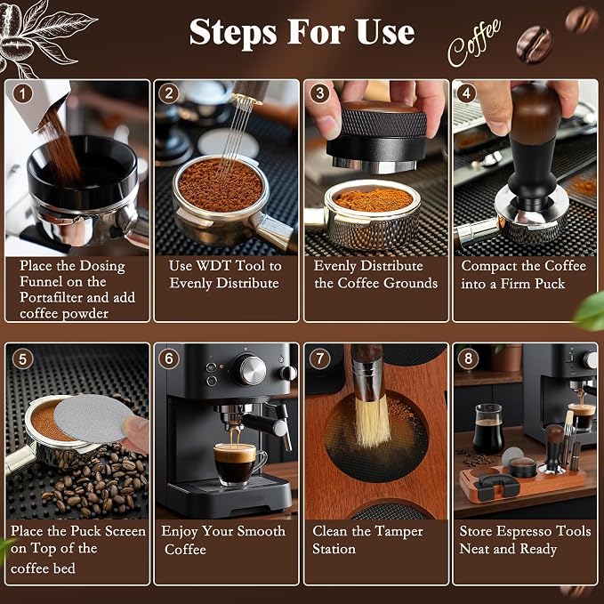 8 PCS Espresso Accessories Kit, 53.3mm Espresso Tamper Kit Coffee Tamper Set with Coffee Distributor, Espresso Tamping Station, Espresso WDT Stirrer,Dosing Funnel, Fits Breville 54 mm Portafilter