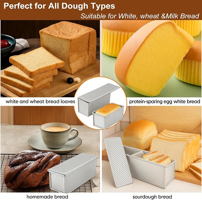 2-pack Pullman Loaf Pan with Lid (13x5 & 8.4x4.8 inch) - Nonstick Aluminum Steel Bread Pan Set, Vented Bottom for Even baking, PFOA & PTFE free, for Sandwich Bread, Sourdough, Toast & Shokupan