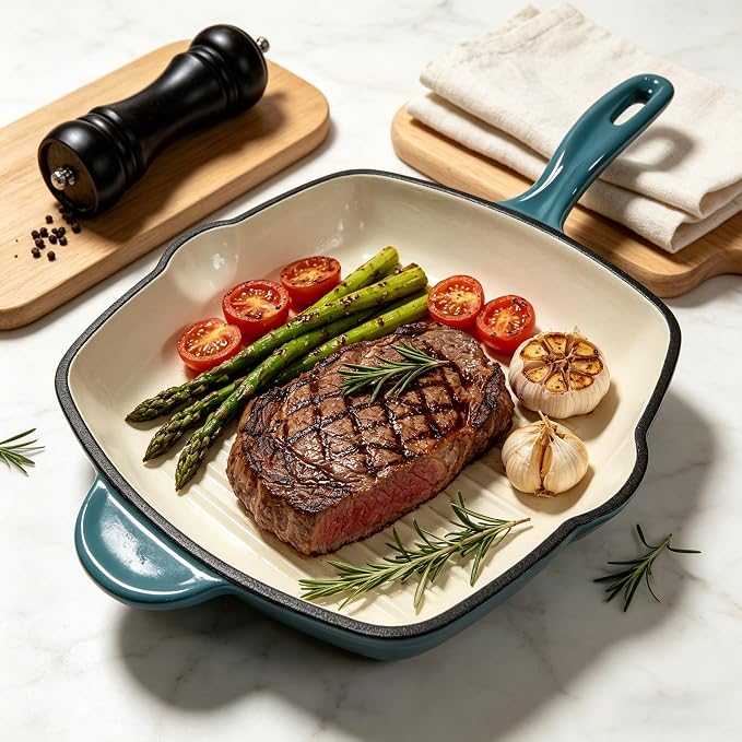 Enameled Cast Iron Steak Grill Pan, Nonstick Square Grilling Pan, Frying Pan (Peacock Blue, 9.5 inch)