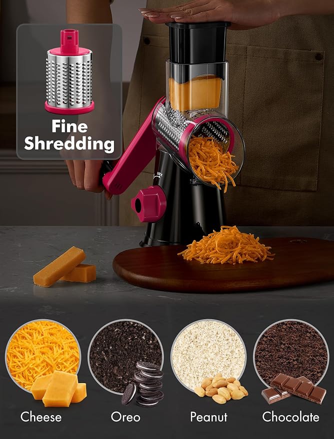 GDL Cheese Grater Hand Crank, Rotary Cheese shredder, Vegetable Slicer | 3 Stainless Steel Blades, 12x Fast Cutting, Non-slip Suction Base, No BPA, Dishwasher Safe, Easy Use for Cheese, Veggies, Nut