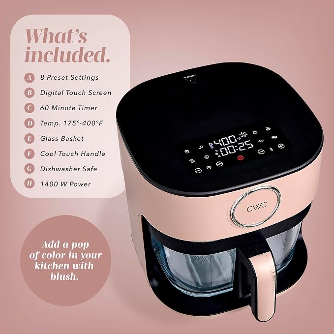 COOK WITH COLOR 1400W 5.5Qt Digital Kitchen Air Fryer with Glass Basket, 8 Presets Healthy Cooking Options, Bake, Fry, Reheat, 60-Min Timer, Adjustable Temperature Control 175°F–400°F, Blush