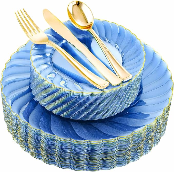 YOUBET 125PCS Clear Blue Gold Plastic Plates - Blue Disposable Plates With Gold Rim Include 25 Dinner Plates 25 Dessert Plates 75 Golden Silverwares for Wedding Birthday & Parties | Clear Blue Disposable Plates With Gold Rim Include 25 Dinner Plates 25...