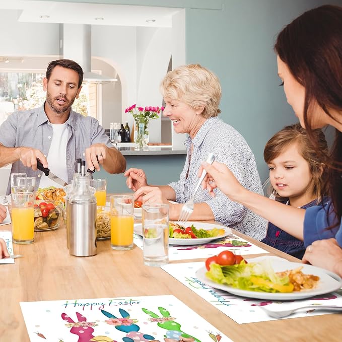 50 Pack Rabbits Colorful Eggs Happy Easter Placemat | s, Easter Theme Table Mats 16x11 inch Bunny Disposable Placement Mats for Seasonal Holiday Kitchen Dining Table Decoration