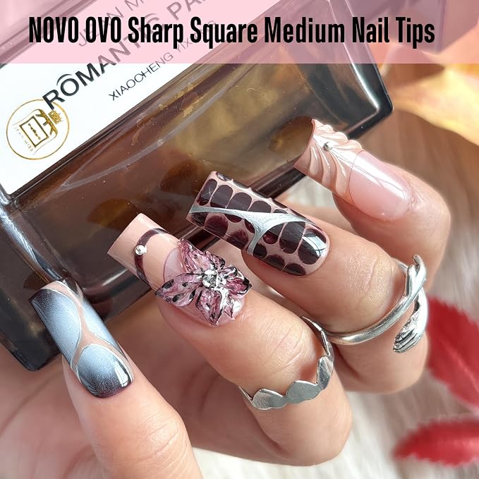 NOVO OVO Sharp Square Medium Nail Tips Press on, Natural (Not Sculpted) No C Curve Soft Gel Double Matte Clear Fake Nail Extension,Full Cover False Nails for Salon DIY Manicure x 15 Sizes 180 pcs