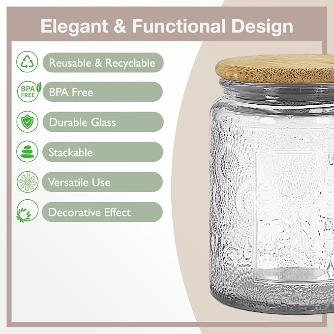 8 oz Decorative Small Glass Jars with Airtight Bamboo Lids, 6 Colors 6 Pack | Vintage embossed color coated containers, kitchen pantry bathroom organization & decor, spices, DIY gifts, candle making