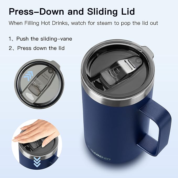 KXIAOCHEN 2-Pack 20 oz Insulated Coffee Mugs, Coffee Cups with Wide Handles | 18/8 stainless steel, sliding lids, 6+ hours hot or 12+ hours cold, wide mouth, no-sweat, for office, home, camping and gifts