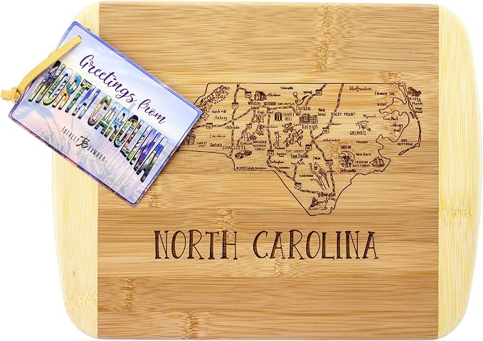 Totally Bamboo A Slice of Life North Carolina Engraved Map Cutting Board | 11” x 8.75” charcuterie board with engraved state map artwork. Smooth reverse side for food prep. Hang tie for wall display.