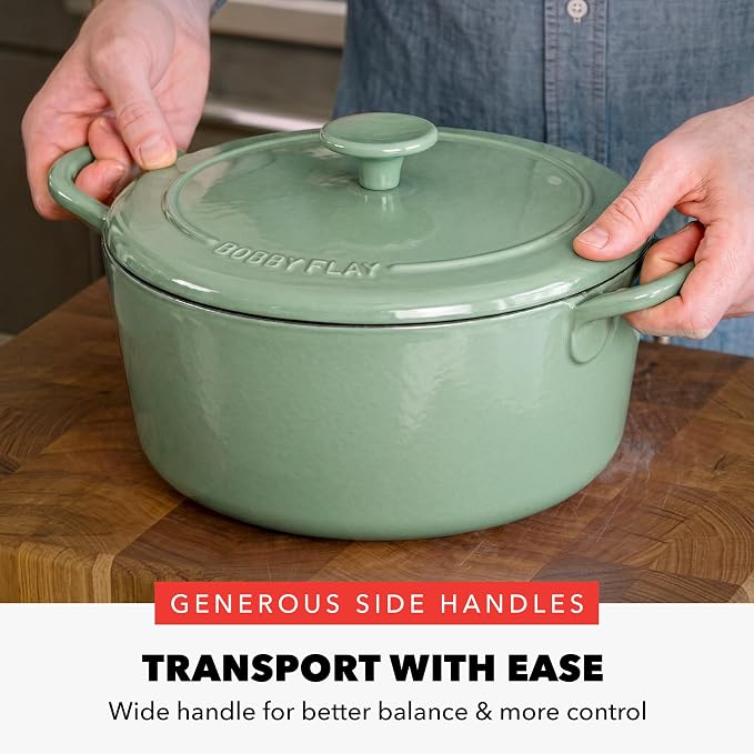 GreenPan x Bobby Flay 5.5QT Enameled Cast Iron Dutch Oven With Lid, Green | Casserole Pot for Braising, Stews, Bread Baking & Searing, Self-Basting Lid, Induction Ready, Oven Safe To 500, Gold Lid Knob