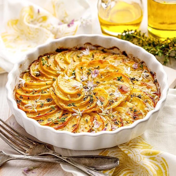 DELLING 9.5 Inch Ceramic Tart Pan Set of 2 - Porcelain Quiche Baking Dish with Fluted Edge, Round Pie Pan for Chicken Pot Pie, Cheesecake, Creme Brulee - White Oven Safe Bakeware