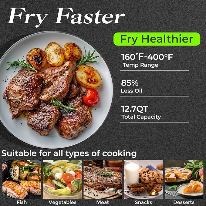 12QT Double Air Fryer with 2 Stacked Racks, Dual Basket Air Fryers | Feeds Up to 10 People, 8-in-1 Presets with Digital Touchscreen to Free DIY, Compact Design, Easy to Clean, Black