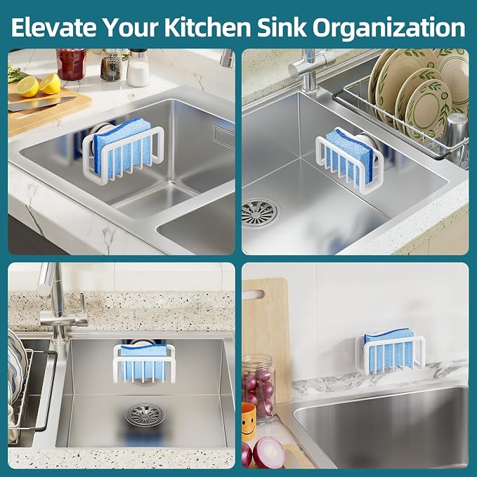 TAILI Sink Caddy with Strong Suction Cup, Sponge Holder for Kitchen-White | Sponge Caddy for Kitchen Sink Oganizer, Removable Rustproof Aluminum Sponge Holder for Dish Brush, Scraper, Scrubber
