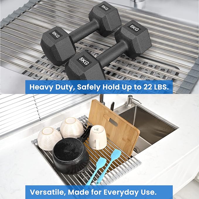 Roll Up Dish Drying Rack Over the Sink 12.5"-21.6" Expandable | 304 Stainless Steel Foldable Sink Drying Rack, Dish Drainer for Kitchen Sink, Dish Dryer Rack Mat for Kitchen Counter, Gray