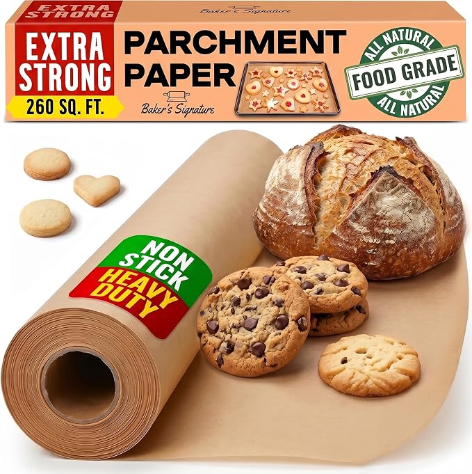 260 Sq.Ft Unbleached Parchment Paper for Baking - Roll with Cutter | Heavy Duty Non-Stick Brown for Cooking, Grilling, Steaming and Air Fryer, 15" x 210ft by Baker's Signature