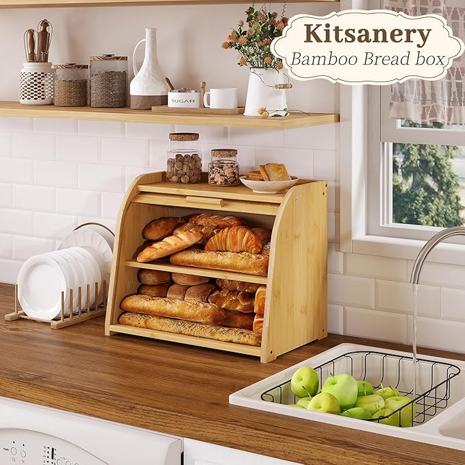 Kitsanery Bread Box for Kitchen Countertop, Bamboo Bread Storage, Double-Layer Roll-Top Bread Container, Farmhouse Bread Holder for Homemade Bread (Natural, double layer)
