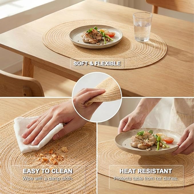 Placemats Set of 4, Woven Oval Braided Dining Table Mats(Beige Brown) | 12 x 17.5 Inch Size Fits Plates and Flatware; Hand Washable and Heat Resistant for Kitchen Use, with Farmhouse and Boho Style