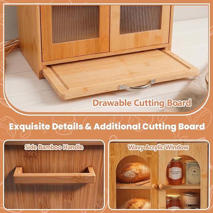 Bread Box for Kitchen Countertop: with Cutting Board Bamboo Storage Container for Homemade Bread, Two Layer Breadbox under Cabinet Mount, Large Bread Holder for Kitchen Counter, Pantry Shelf