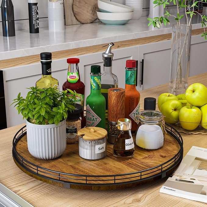 AMH 18-Inch Farmhouse Oak Lazy Susan Organizer, Walnut Finish | Smooth rotating oak tray with walnut finish for dining tables, kitchen counters, pantries and cabinet storage.