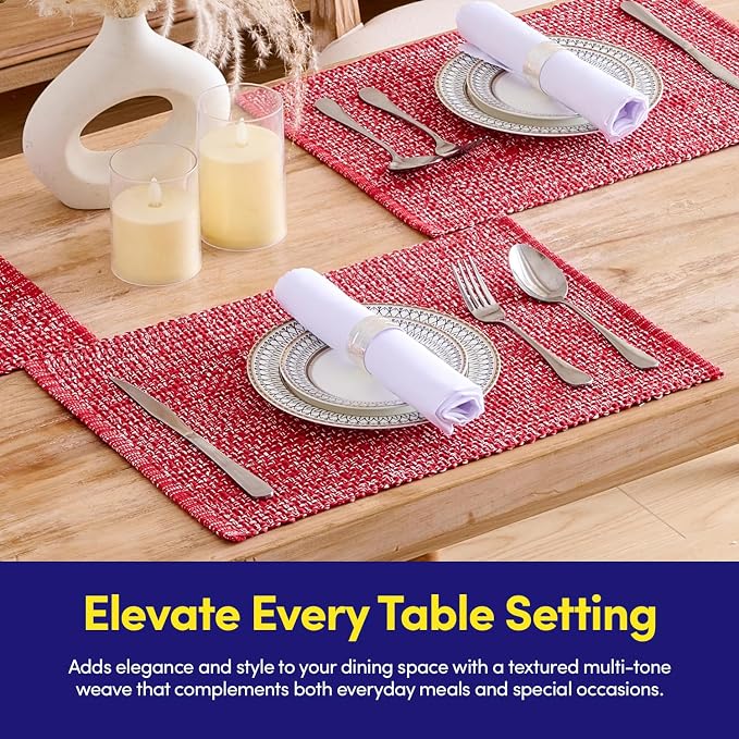 Placemats Set of 4-100% Cotton Two-Tone Rectangle Placemat for Dining Table - Over 15 Colors Available - Washable Table Decor for Kitchen, Farmhouse, Rustic, Durable for Everyday Use, Red