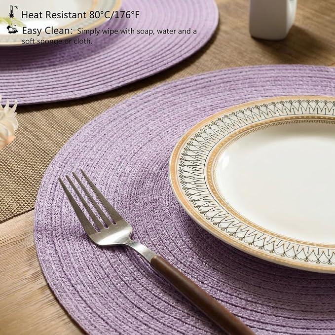 FunWheat Round Braided Placemats Set of 8 Place mats for Dining Tables Woven Heat Resistant Table Mats 15 inch (Light Purple,8pcs)