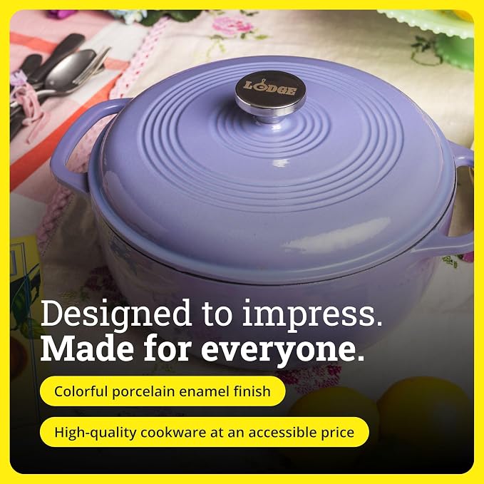 Lodge Essential Enamel Cast Iron Dutch Oven 6 Quarts - Perfect for Bread Baking, Braising, Marinating & Slow Cooking, Features Moisture-Sealing Lid & Dual Handles, Kitchen Essentials, Lilac