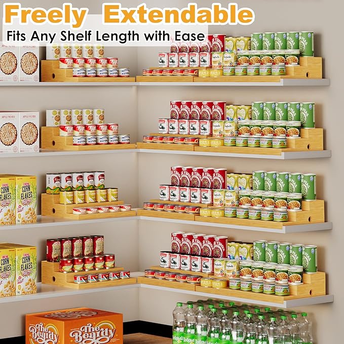 3-Tier Extra-Long Expandable Bamboo Can Rack for Pantry, Holds 45 Cans | Adjustable Pantry Can Organizer, Large Capacity Holds up to 45 Cans, Pantry Shelf & Countertop Storage (Patent Pending)