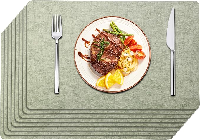 Maxpearl Faux Leather Placemats Set of 8, Easy to Clean, Light Green | Waterproof - Heat Resistant - Non Slip - Wipe Clean Dining Table Place Mats, Suitable for Indoor & Outdoor Use, 17''×12''