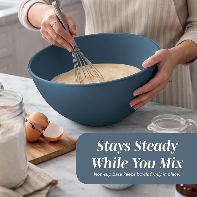 COOK WITH COLOR Mixing Bowls with Lids - 12 Piece Plastic Nesting Bowls Set includes 6 Prep Bowls, Microwave Safe Mixing Bowl Set, Blue and White TPR Lids