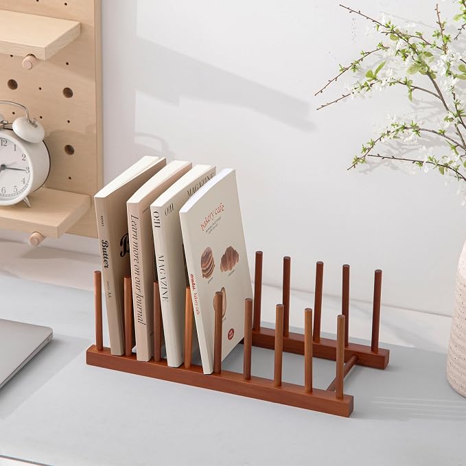 HBlife 2 Packs Teak Wooden Dish Drying Rack Kitchen Storage Plate Organizer | 8 Slots, Vertical Dish Racks for Cabinet Countertop & Wall, Plate Pot Lid Cutting Board Holder, Bowl Cup Drainer, Keep Dry