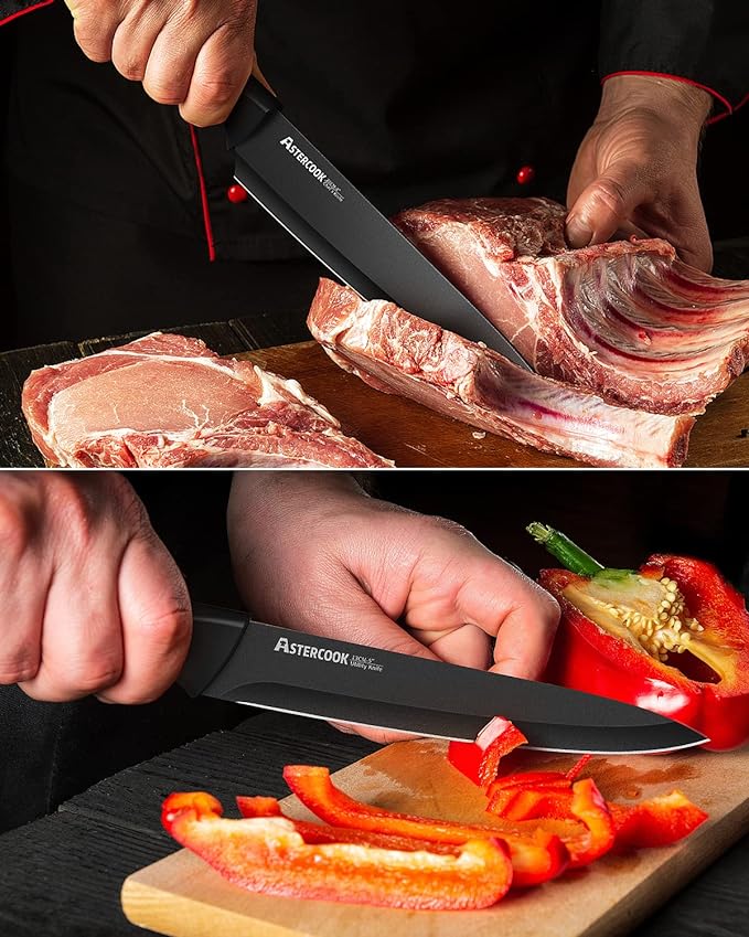 Astercook 15 Pieces Kitchen Knife Block Set with Sharpener, Black | Built-in Sharpener Block, Dishwasher Safe, German Stainless Steel, Ergonomic Handle, Kitchen Weddings Birthdays Gift