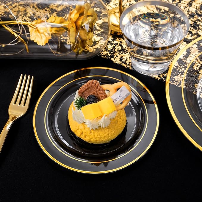 WELLIFE 600pc Gold Trim Plastic Dinnerware Set for Party: 100 Dinner Plates, 100 Dessert Plates, 300 Cutlery, 100 cups