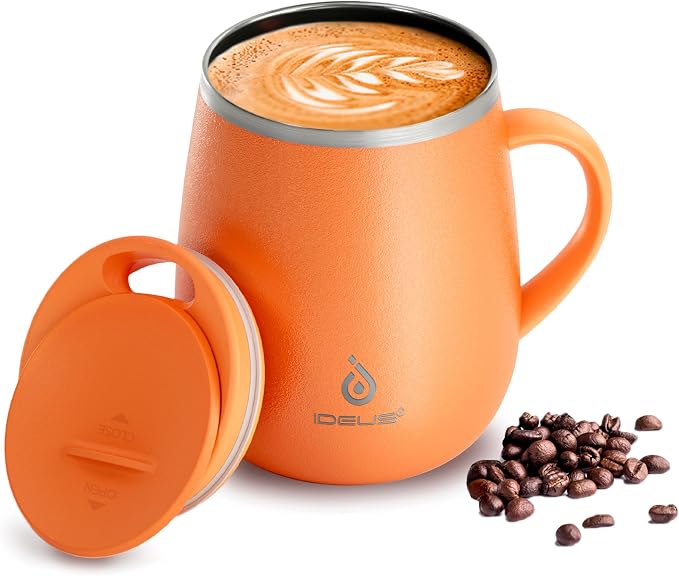Ideus 16 oz Insulated Coffee Mug with Handle and Lid, Double Wall Stainless Steel Vacuum Thermal Coffee Mug, Travel Coffee Cup Thermal Cup for Home and Office, Orange Tiger