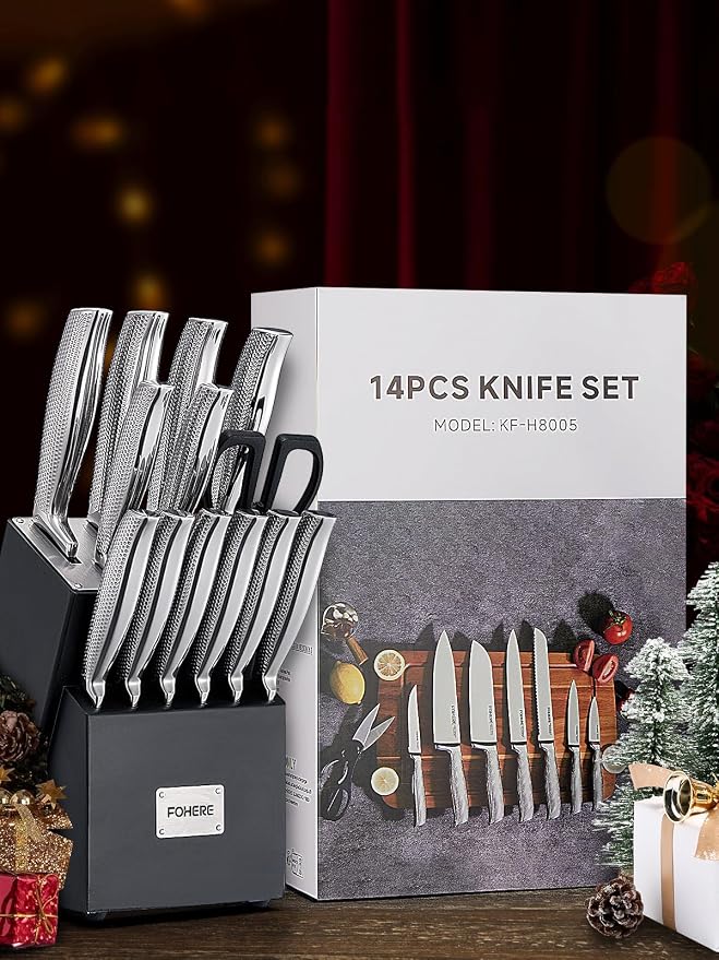 Knife Set, FOHERE 14 Pieces Kitchen Knife Set with Built-in 5 x Sharpeners, Waved Texture Knife Set with Block, Stainless Steel Knife Block Set, Sharp Knives Set with Ergonomic Handle