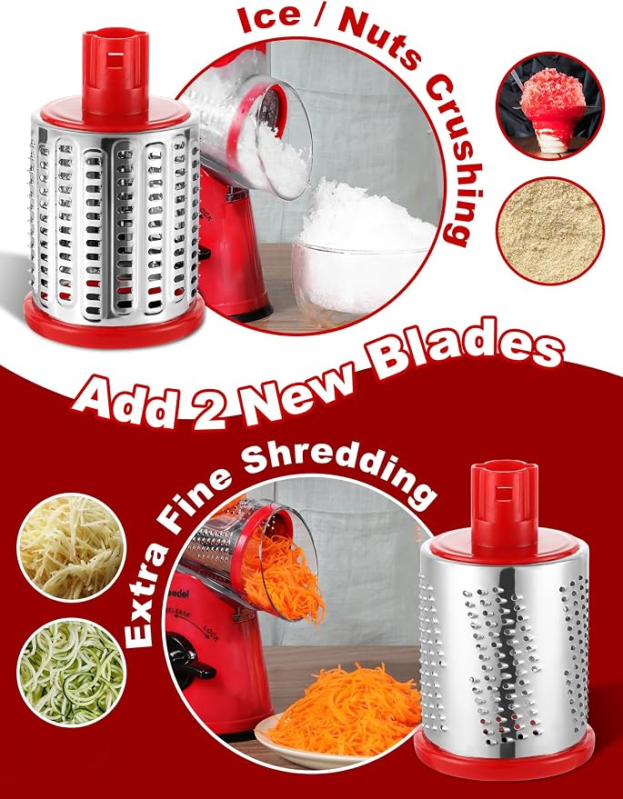 Geedel Rotary Cheese Grater Hand Crank, Cheese Shredder Vegetable Slicer | 5 Blades, 430 Stainless Steel, 12x Fast Cutting, Strong Suction Base, No BPA, Dishwasher Safe, for Cheese, Veggie, Nut