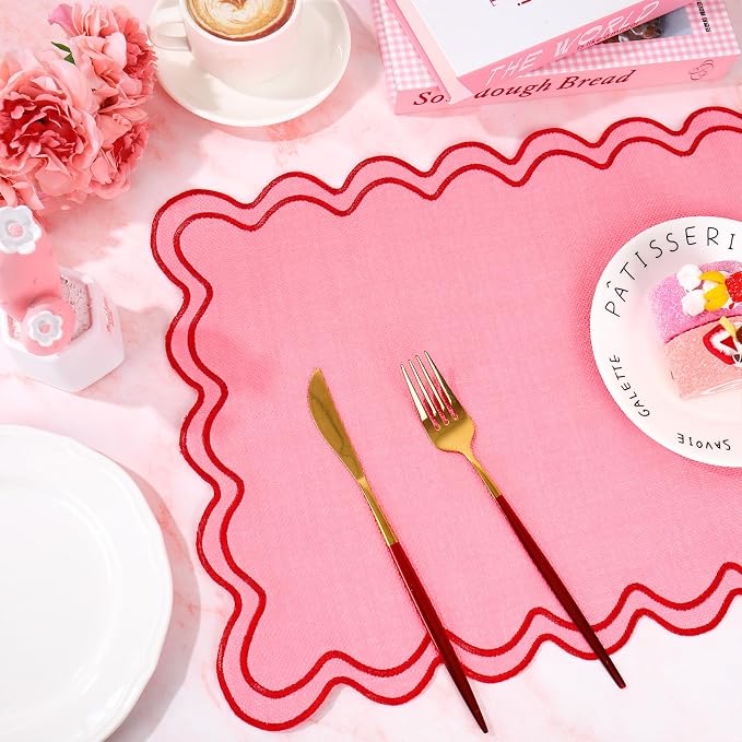 Whaline Pink Red Placemats Embroidered Scalloped Kitchen Place Mats for Wedding Baby Shower Party Home Dining Table Decor, Set of 6, 13 x 19 in