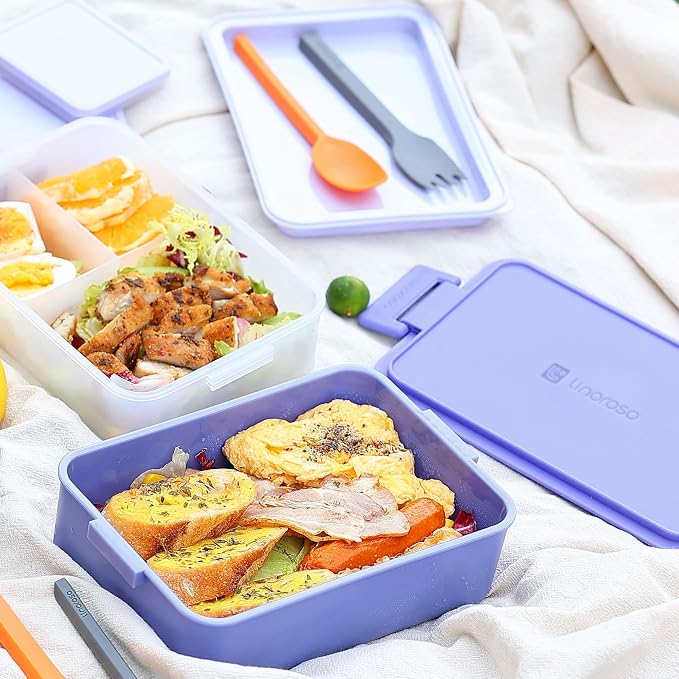 Stackable 2-Tier Adult Bento Box, 4 Compartments - Veri Peri | leakproof bento lunch box with fork & spoon + sauce cups, microwave/dishwasher safe, perfect for office, school & daily meals