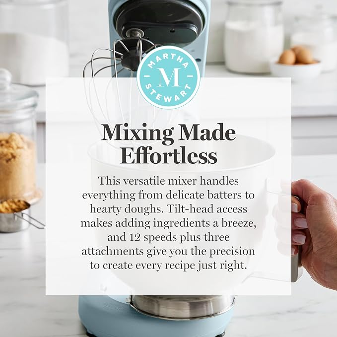 Martha Stewart 5.3QT Tilt Head Stand Mixer, 12 Speeds, Stainless Steel Bowl | Dough Hook, Stainless Whisk, Beater, Removable Splash Shield, Bread, Cake & Whipping, Electric Kitchen Mixer, Sky Blue