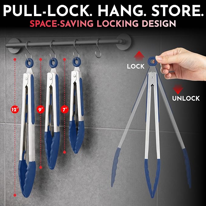Kitchen Tongs - 12, 9 & 7 Inch Locking Silicone Tongs for Cooking, Set of 3 | Blue Tongs with Silicone Tips, Heat Resistant Tongs for Grilling, Serving, Mixing