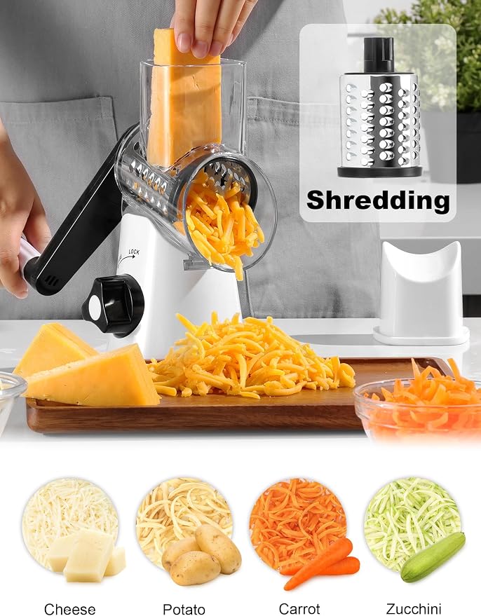 Cheese Grater Rotary, Rotary Grater for Kitchen, Kitchen Grater Vegetable Slicer with 3 Drum Blades, Fast Cutting Cheese Shredder for Vegetables and Nuts | 3 Stainless Steel Blades, 12x Fast Cutting, Non-slip Suction Base, No BPA, Dishwasher Safe, Easy...