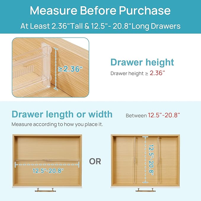 Vtopmart 4 Pack Shallow Drawer Dividers, 2.36" High 12.5"-20.8" Adjustable Expandable Kitchen Drawer Organizer, Clear Plastic Organizer Separators for Flatware, Utensil, Cutlery, Underwear, Clothes | Expandable Kitchen Drawer Organizer, Clear Plastic O...