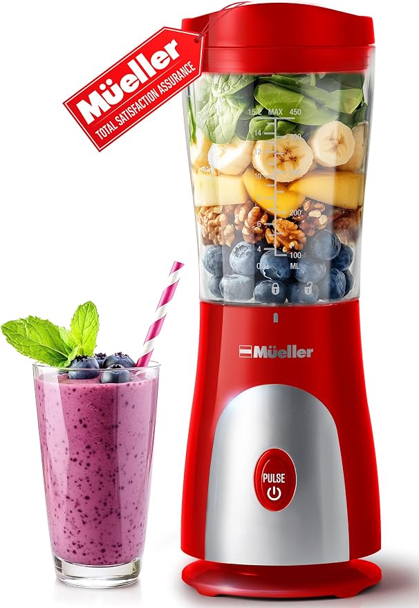 Mueller Heavy-Duty Personal Blender for Shakes and Smoothies with a 15 Oz Travel Cup and Lid, Juices, Baby Food, Portable Blender & Food Processor, Red