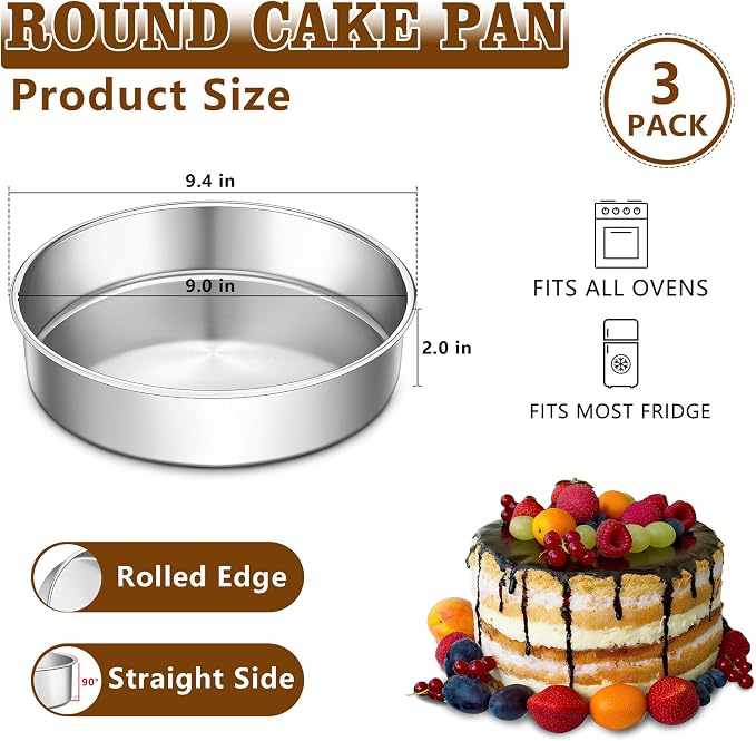 LIANYU 9 Inch Round Cake Pan Set of 3, Stainless Steel Layer Deep Cake Pan | Metal Baking Tins Mold, Perfect for Brownie Lasagna, Dishwasher & Oven Safe, Non-stick, Mirror Polish
