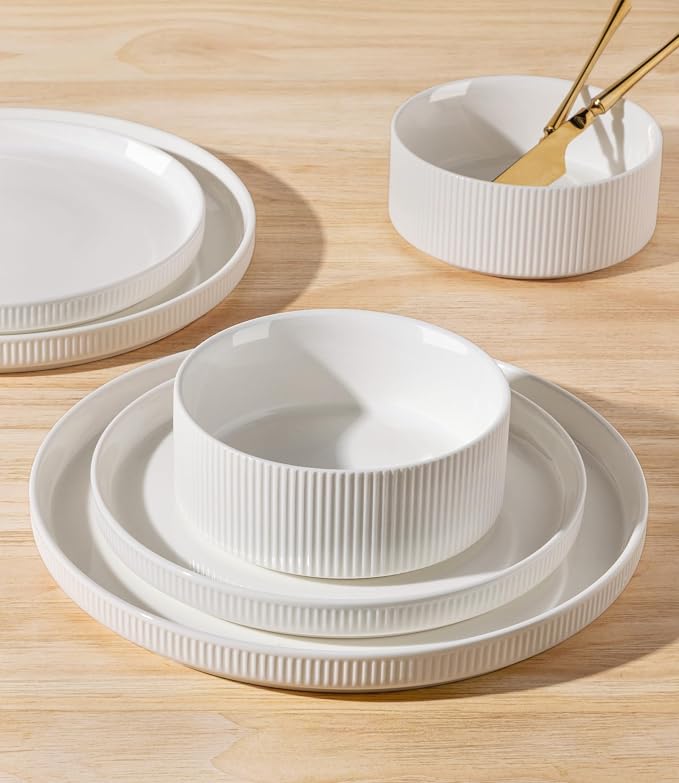 Ceramic Dinnerware Set for 8, 24-Piece Plates and Bowls Set | Lightweight Porcelain Dish Set, Scratch Resistant, Oven & Microwave & Dishwasher Safe, Bright White