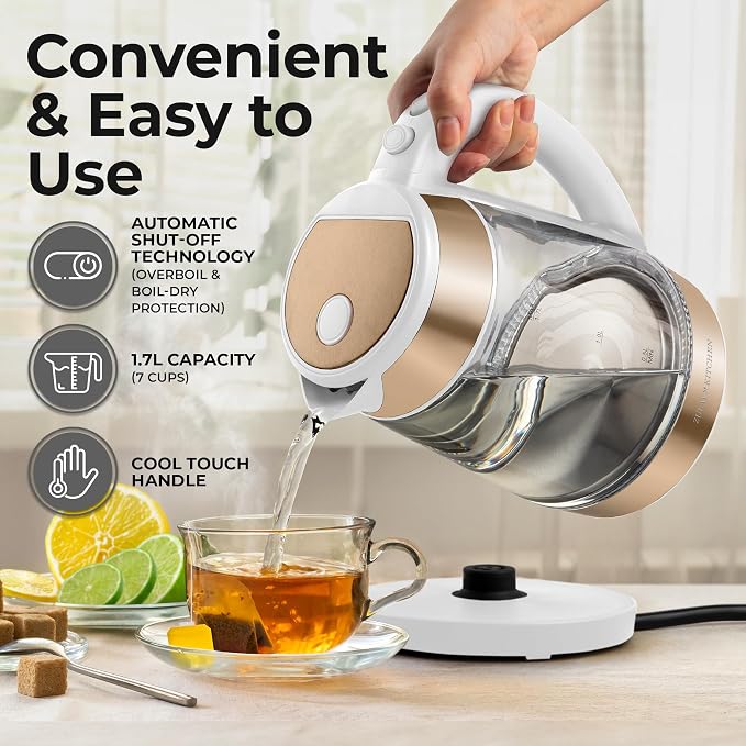 Zulay Kitchen Fast Boiling Electric Water Kettle - 1.7L, 1500W, Auto Shut-Off for Overboil & Boil Dry Protection, Cool-Touch Handle, 360° Base - Rapid Teapot Boiler For Coffee & Tea - White Copper