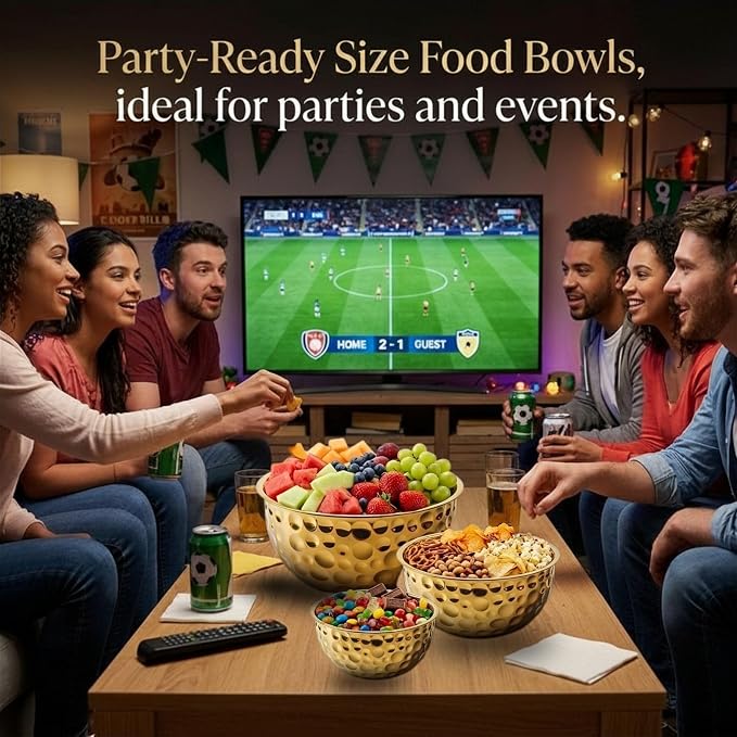 Gold Serving Bowls, Hammered Gold Bowls Set of 3, Large Popcorn Bowl Elegant Snack Bowl Set for Movie Night, Decorative Stainless Steel Salad Bowls for Party & Entertaining (7.2, 4, 2 Qt)