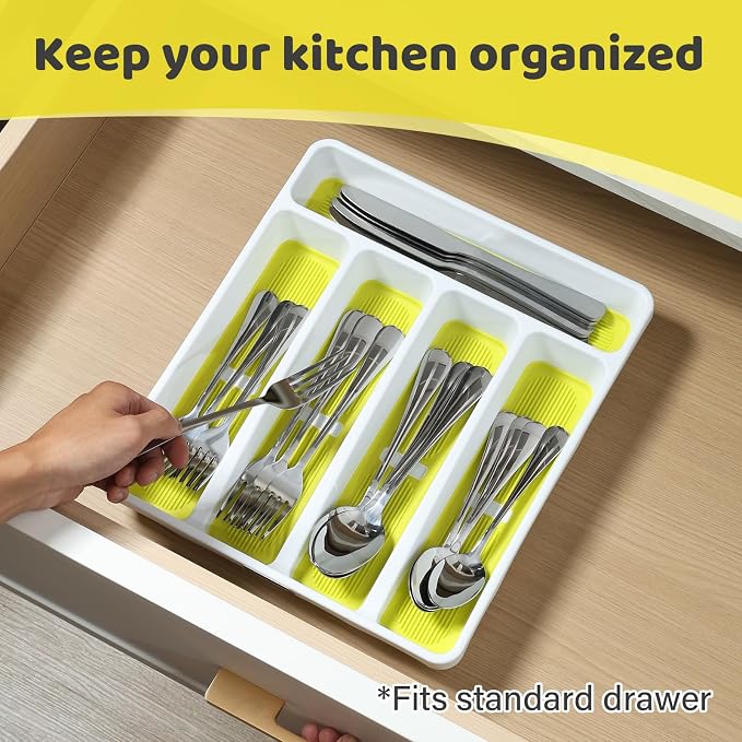 5-Compartment Silverware Organizer Tray with Icons for Kitchen Drawer | Non-slip TPR Linings，5-Compartment，High-quality Plastic，Fits Well In Standard Drawers，With Cutlery Icons