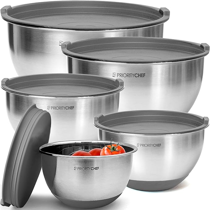 Premium Mixing Bowls With Airtight Lids Set, Thicker Stainless Steel Mixing Bowl Set, Large Prep Metal Bowls with Lids, Nesting Bowls for Kitchen, 1.5/2/3/4/5 Qrt, Grey