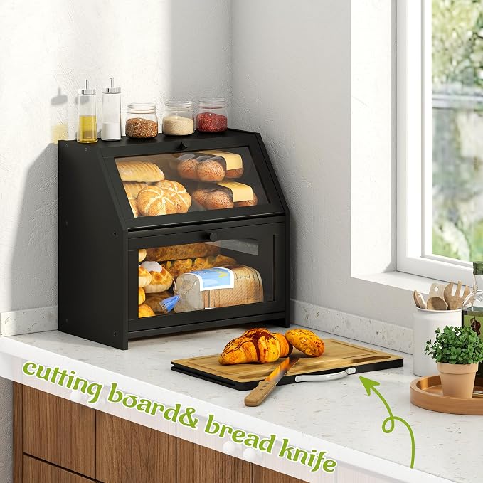 BMOSU Bread Box with Cutting Board Kitchen Bread Storage Organizer Farmhouse Countertop Double Bamboo Wood Bread Box(Black)