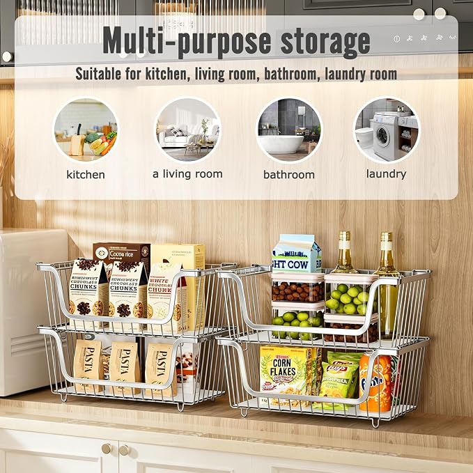 4 Pcs Stackable Wire Baskets for Pantry Organizers and Storage,silver | Vegetable Fruit Basket for Countertop,Kitchen Storage Metal Baskets,Produce Potato Onion Storage Bin,